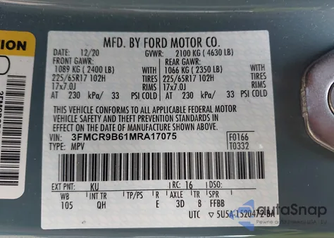 2021 Ford Bronco Sport Big Bend z USA, uszkodzony, nr VIN 3FMCR9B61MRA17075